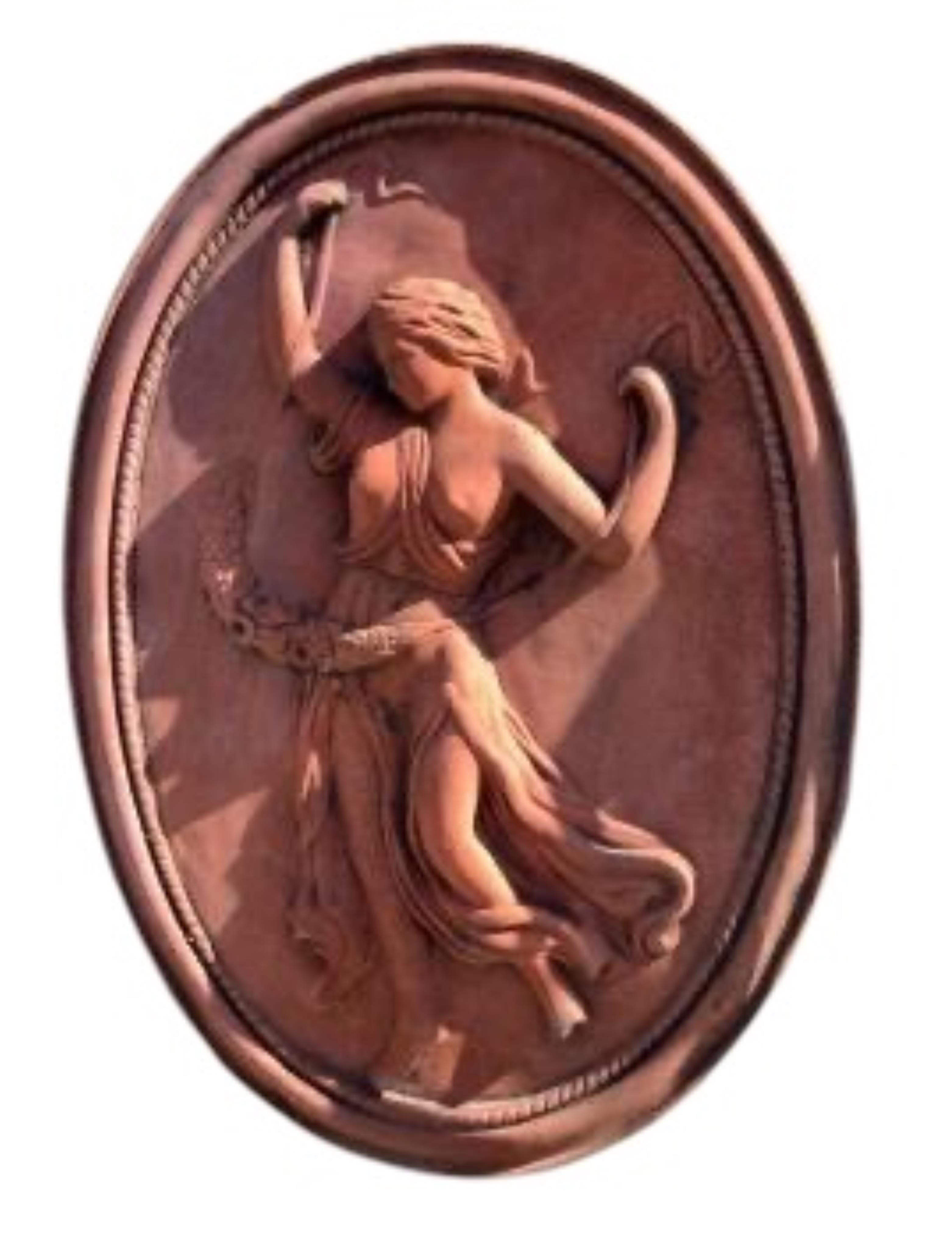 A pair of oval terracotta classical figure garden wall plaques, width 37cm, height 51cm